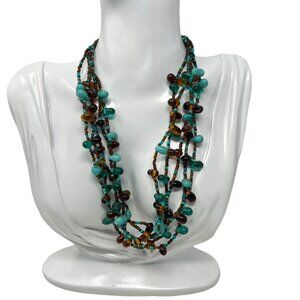 Beaded Necklace Brown Faux Turquoise Offset Beads‎ Gold Tone Southwestern Style